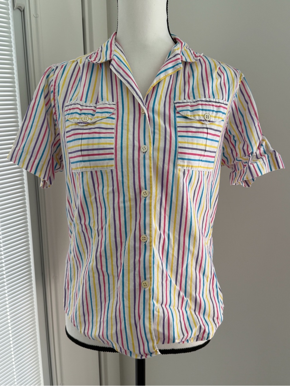 Vintage Striped Short-Sleeve Button-Down in White with Pink, Blue & Yellow